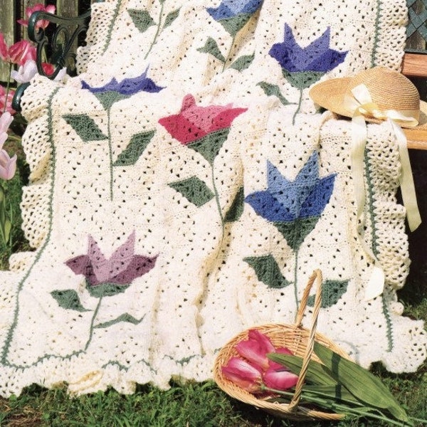 Vintage Crochet Pattern Tulips in Bloom Granny Square Picture Afghan Blanket Throw Patchwork PDF Instant Digital Download Spring Flowers