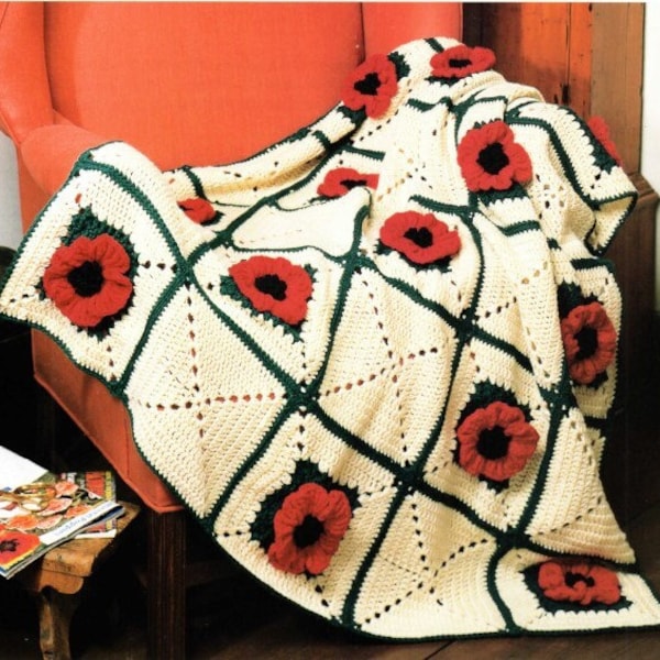 Vintage Crochet Pattern Impressive Poppies Floral Motif Afghan Blanket Poppy Flower Granny Square Block Throw PDF Instant Digital Download