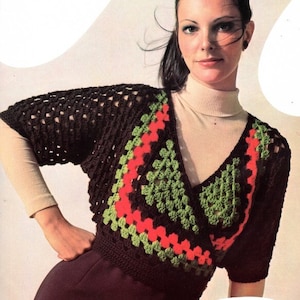 Vintage Crochet Pattern Wrap Crop Sweater Top 1970&#39;s Granny Motif PDF Instant Digital DOWNLOAD