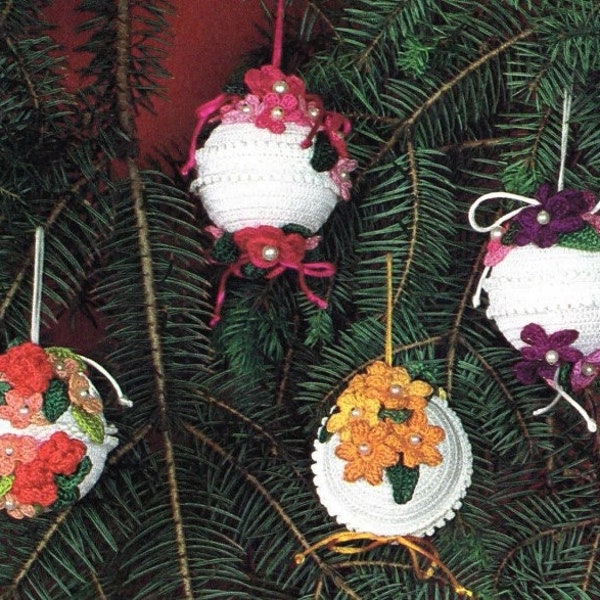 Vintage Crochet Pattern Holiday Christmas Satin Balls Covers Elegant Floral Ornaments and Snowbirds  PDF Instant Digital Download