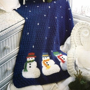 Vintage Christmas Afghan Crochet Pattern Winter Cross Stitch Snowman Popcorn Stitch Snowy Day Throw Blanket PDF Instant Digital Download