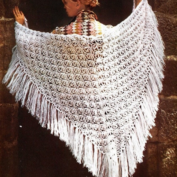 Vintage Crochet Pattern Lacy Triangle Shawl Wrap Fringe Trim PDF INSTANT Digital Download