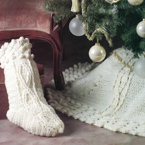 Vintage Holiday Crochet Pattern Classic Aran Christmas Tree Skirt with Matching Stocking PDF Instant Digital Download