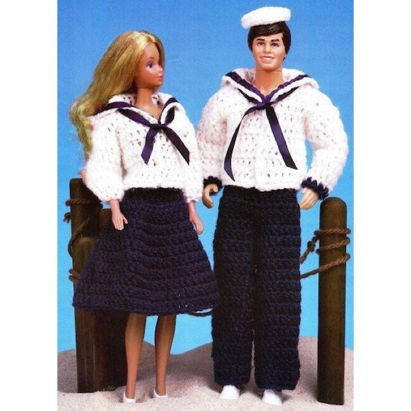 Vintage Crochet Pattern Barbie Ken Doll Fashion Clothes Navy  Matching Sailor Suit Outfit and Hat PDF Instant Digital Download 11.5" Doll