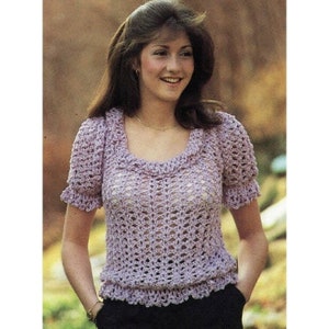 Vintage Crochet Pattern Open Work Lacy Ruffled Blouse Top Sweater PDF Instant Digital Download Short Sleeves