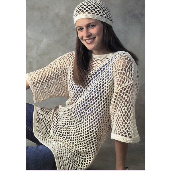 Vintage Crochet Pattern Mesh Net Open Weave Pullover Sweater Top and Matching Juliet Cap Hat PDF Instant Digital Printable Download