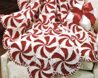 Vintage Christmas Afghan Crochet Pattern Peppermint Candy Cane Throw Blanket PDF Instant Digital DOWNLOAD Round Candy Swirls Motifs