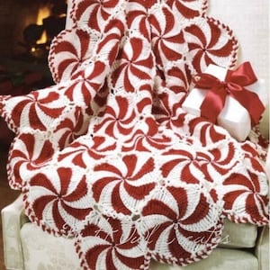 Vintage Christmas Afghan Crochet Pattern Peppermint Candy Cane Throw Blanket PDF Instant Digital DOWNLOAD Round Candy Swirls Motifs