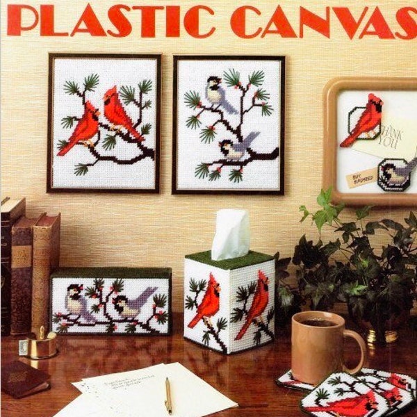 Vintage Plastic Canvas Pattern Book Cardinals & Chickadees Christmas Tissue Box Cover Topper PDF Instant Download Coasters Magnet Decor