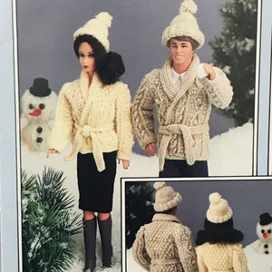 Vintage Crochet Pattern Barbie Ken Doll Fashion Clothes Matching Aran Winter Sweater and Hat PDF Instant Digital Download 11.5" Doll