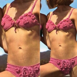 Vintage Crochet Pattern Pink Flower Bikini Swimsuit PDF Instant Digital Download 2 Piece bathing suit