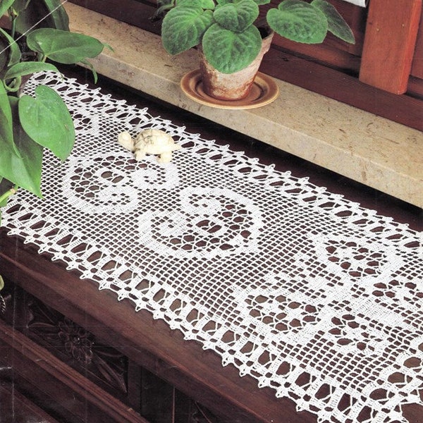 Vintage Filet Crochet Pattern Heart and Butterfly Dresser Table Scarf Runner Valentines Day PDF Instant Digital Download