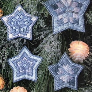 Vintage Plastic Canvas Christmas Ornament Pattern Icy Blue Stars Tree Decorations PDF Pattern INSTANT Digital DOWNLOAD