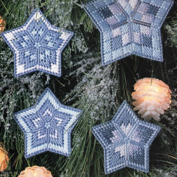 Vintage Plastic Canvas Christmas Ornament Pattern Icy Blue Stars Tree Decorations PDF Pattern INSTANT Digital DOWNLOAD