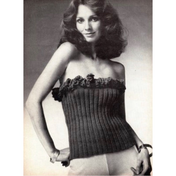 Vintage Knitting Pattern 1970's Strapless Knit Ruffle Tube Top Pullover Sweater Knitted Tank Top PDF Instant Digital DOWNLOAD