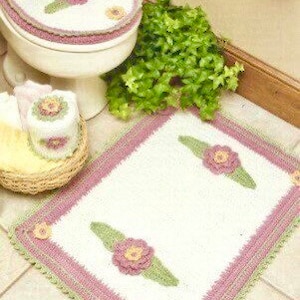 Garden Floral Bath Set Vintage Reproduction Crochet Pattern PDF Instant Digital Download Bath Mat Toilet Tissue Cover Toilet Seat Cover
