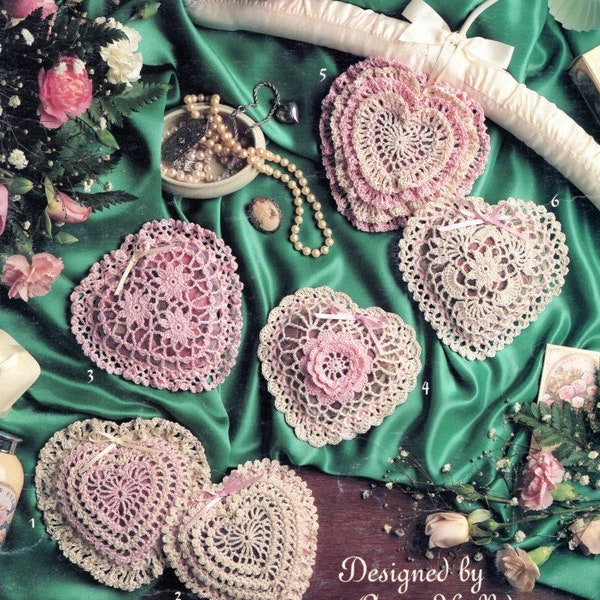 Vintage Crochet Pattern Book Leaflet Sweetheart Sachets to Crochet Heart Shaped Rose PDF Instant Download 6 Different Styles