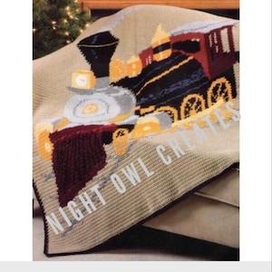 Vintage Afghan Stitch Crochet Pattern Christmas Train Locomotive Throw Cross Stitched Embroidered Blanket PDF Instant Digital Download