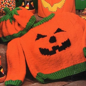 Vintage Knitting Pattern Halloween Pullover Sweater and Beret Beanie Cap Hat Childs Girls Boys Unisex PDF Instant Digital Download