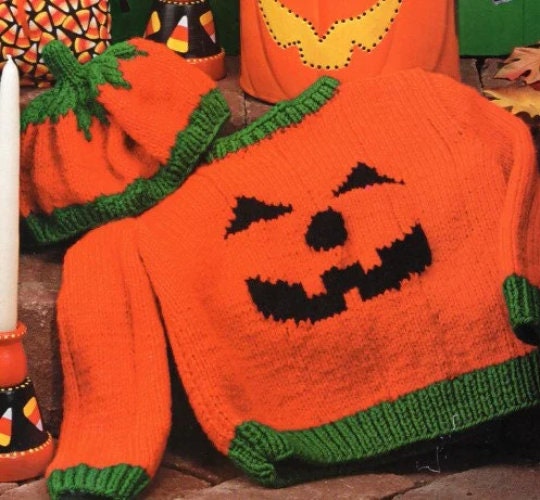 Vintage Halloween Pumpkin Sweater & Beret Knitting Pattern (PDF Download)