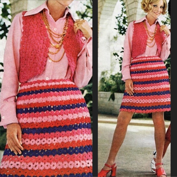Vintage Crochet Pattern 1970s Mini Skirt with Matching Bolero Cropped Vest Circle Motif PDF Pattern INSTANT Digital DOWNLOAD