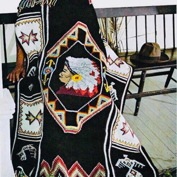 Vintage Crochet Afghan Pattern Native American Indian Head Blanket Throw PDF Instant Digital Download Geometric Navajo Thunderbird