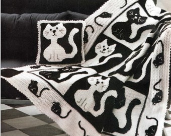 Vintage Afghan Crochet Pattern Cat and Mouse Yin Yang Throw Blanket with Pillow PDF Instant Digital Download