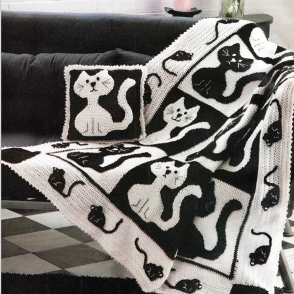 Vintage Afghan Crochet Pattern Cat and Mouse Yin Yang Throw Blanket with Pillow PDF Instant Digital Download