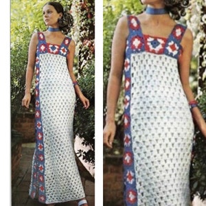Vintage Crochet Pattern Sleeveless Granny Square Maxi Long Casual Dress Patio Gown PDF Pattern INSTANT Digital DOWNLOAD