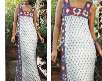 Vintage Crochet Pattern Sleeveless Granny Square Maxi Long Casual Dress Patio Gown PDF Pattern INSTANT Digital DOWNLOAD