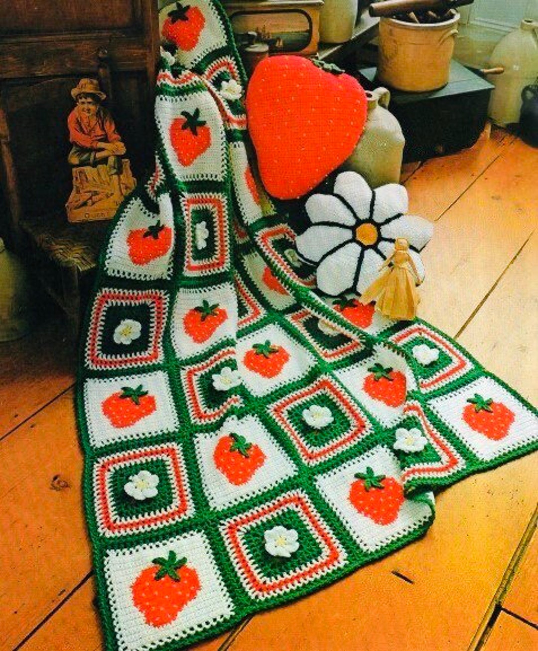 Vintage Afghan Crochet Pattern Strawberry and Daisy Patchwork Afghan