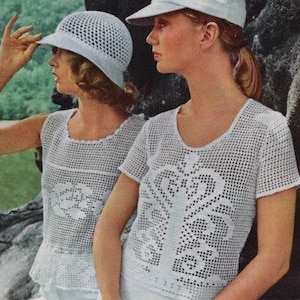 Vintage Filet Crochet Pattern Rose Scroll  Blouse Pullover Summer Sweater Top PDF Instant Digital Download Both Tops Patterns Included
