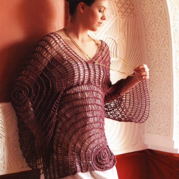 Vintage Filet Crochet Pattern Burgundy Mesh Tunic Sweater Top Bell Sleeves Openwork PDF Instant Digital Download