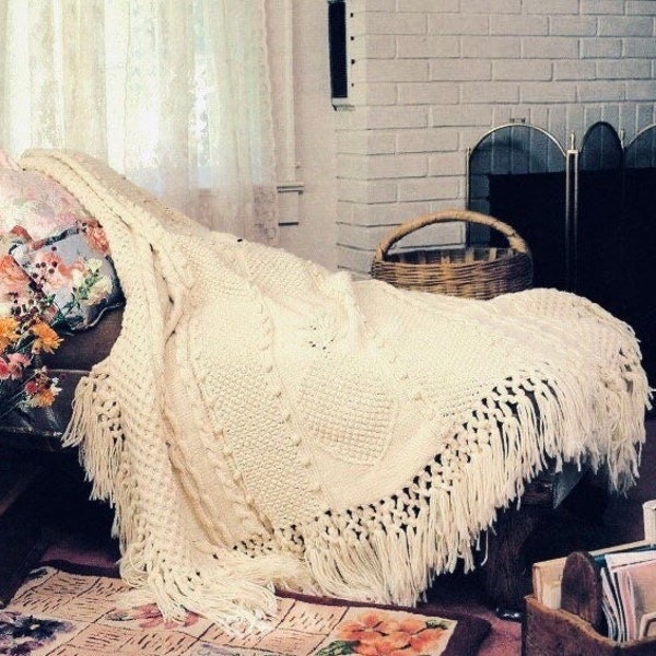 Vintage Afghan Knitting Pattern Heirloom Pineapple Aran Blanket Bedspread Throw PDF Instant Digital Download Stockinette Stitch