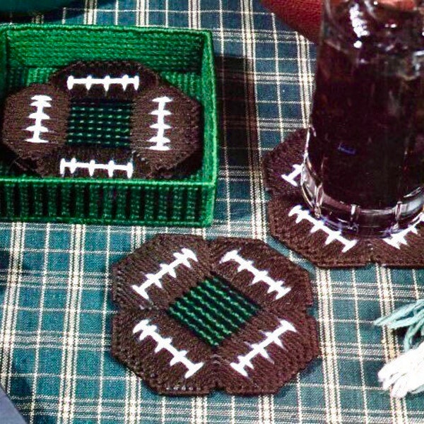 Vintage Plastic Canvas Pattern Football Coasters with Field Holder Super Bowl Coaster Set PDF Instant Digital Download Man Cave