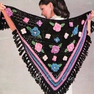 Vintage Crochet Pattern Triangle Spanish Shawl Flower Wrap Fringe Scarf PDF INSTANT Digital DOWNLOAD