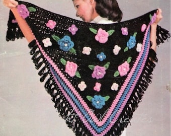 Vintage Crochet Pattern Triangle Spanish Shawl Flower Wrap Fringe Scarf PDF INSTANT Digital DOWNLOAD