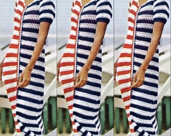 Vintage Crochet Pattern Tricolor Coverup Crocheted Maxi Caftan Dress Beach Cover Up PDF Instant Digital Download Boho Long Dress