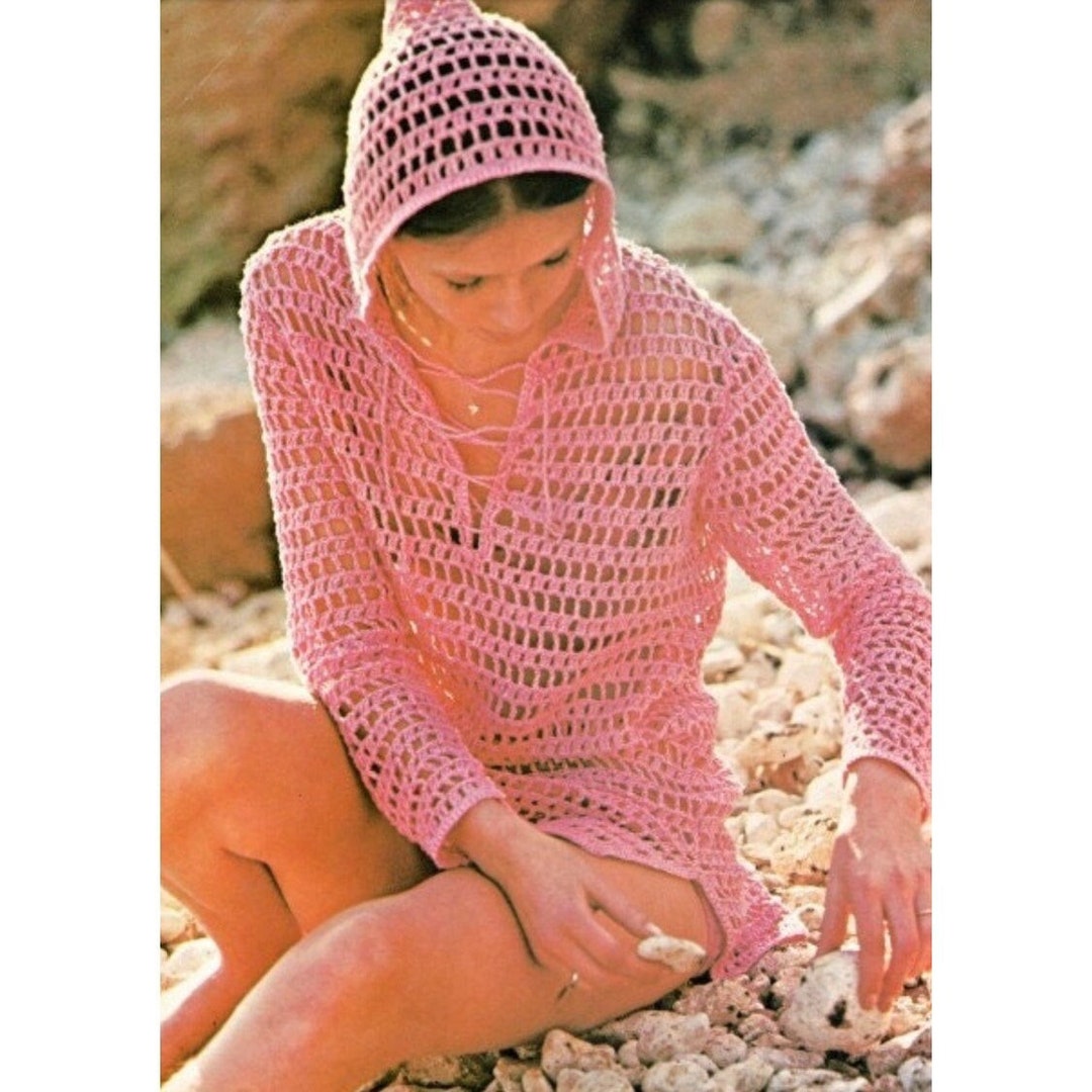 Vintage Crochet Pattern Hoodie Open Knit Beach Cover up Mesh