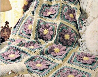 Vintage Afghan Crochet Pattern  Flower Patch  Throw Blanket 3D Motif Flowers PDF Instant Digital Download 3-Dimensional Floral Granny Square