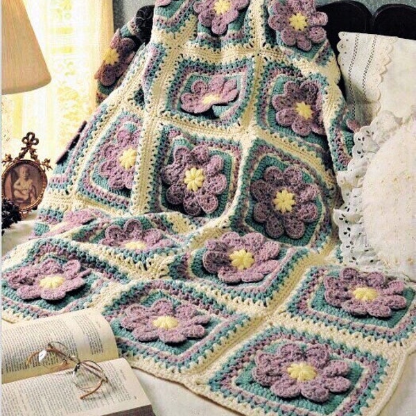 Vintage Afghan Crochet Pattern  Flower Patch  Throw Blanket 3D Motif Flowers PDF Instant Digital Download 3-Dimensional Floral Granny Square