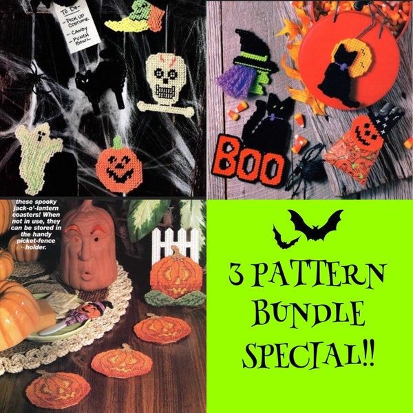 Vintage Plastic Canvas Pattern 3 Lot Pattern Bundle Haunting Halloween Magnets Coasters or Ornaments PDF Instant Digital Download