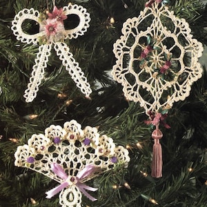 Vintage Crochet Christmas Tree Ornaments Pattern Victorian Old Time Fan Suncatcher Bow  PDF Instant Digital Download