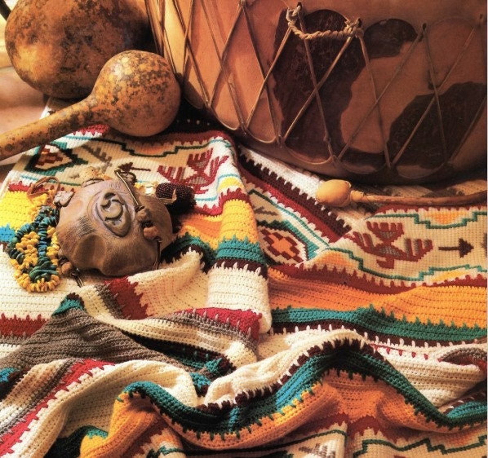 Vintage Crochet Afghan Pattern Indian Blanket Navajo Southwestern Aztec ...