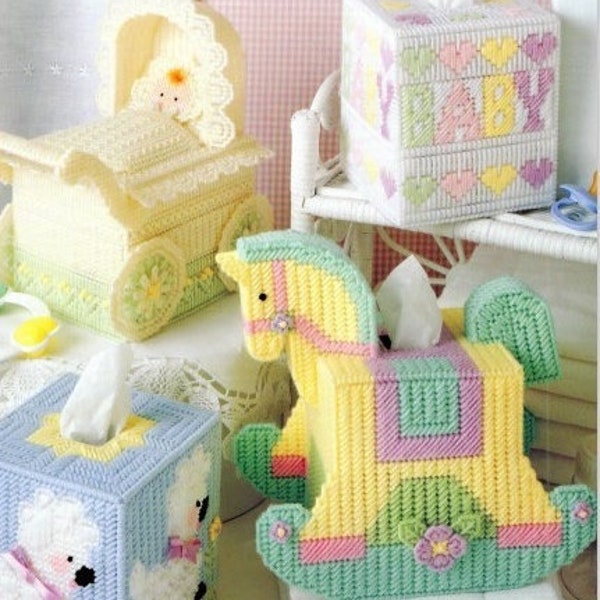Vintage Plastic Canvas Patten Book Just Baby Boutique Tissue Box Covers Topper Leaflet PDF Instant Download Lamb Rocking Horse Carriage Bear