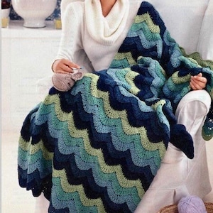 Vintage Afghan Crochet Pattern Ocean Waves Ripple Throw Blanket PDF Instant Digital Download