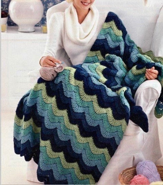Vintage Afghan Crochet Pattern Ocean Waves Ripple Throw Blanket