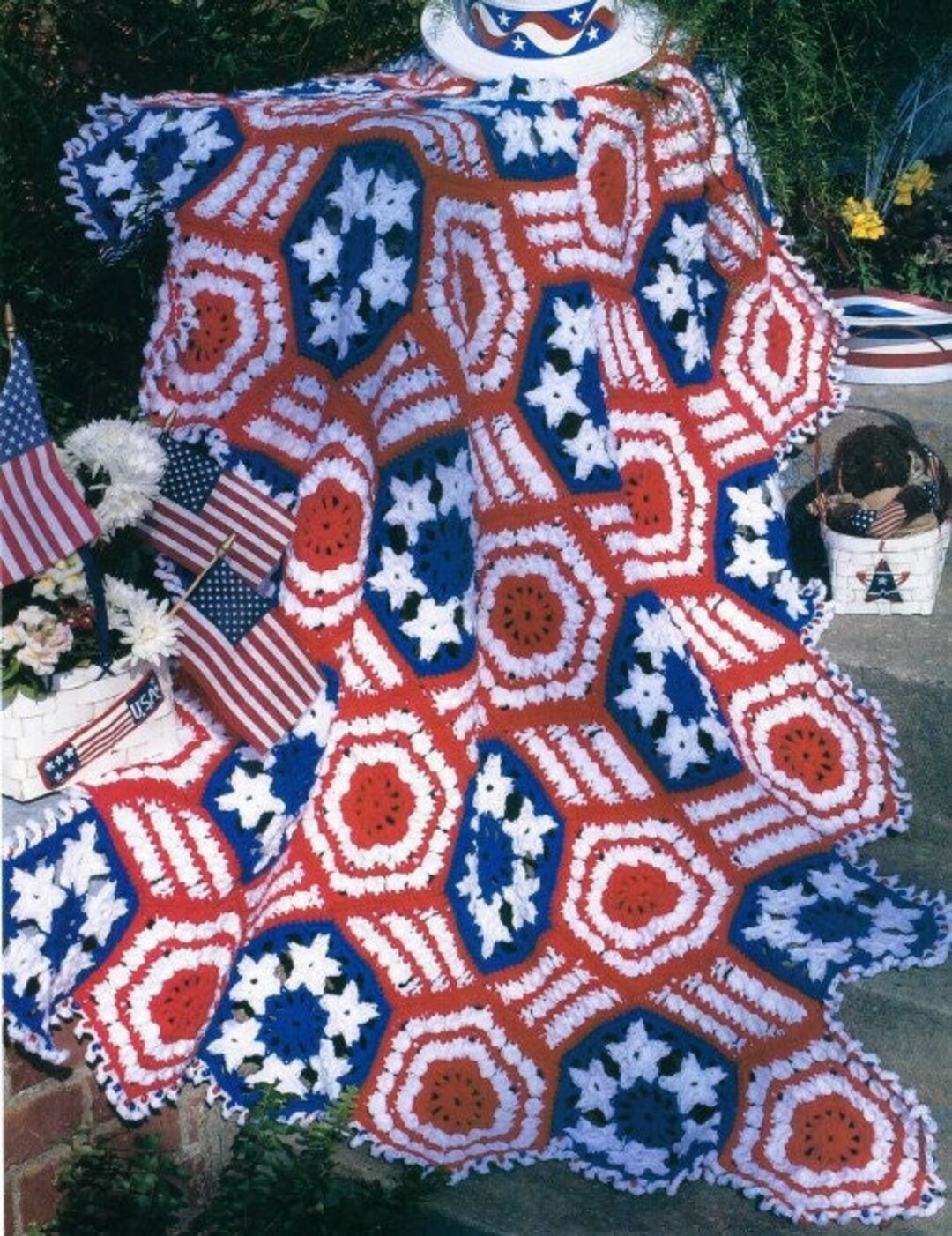 Vintage Afghan Crochet Pattern Star and Stripes Flag Hexagon Etsy