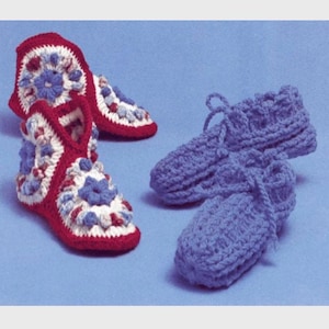 May include: Two pairs of crocheted slippers. One pair is red, white and blue with a floral pattern. The other pair is blue and has a simple stitch pattern.