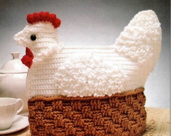 Vintage Crochet Patrón Gallina Té de Pollo Acogedor PDF Descarga Digital Instantánea Kettle Cozy Cover Tetera Topper Gallina en un Nido